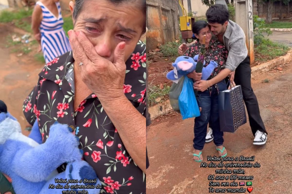 Filho que vive em Londres surpreende mãe e reencontro viraliza