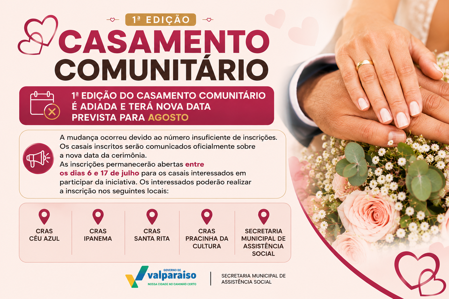 Casamento Comunitário em Valparaíso de Goiás é adiado para agosto devido a número insuficiente de inscrições