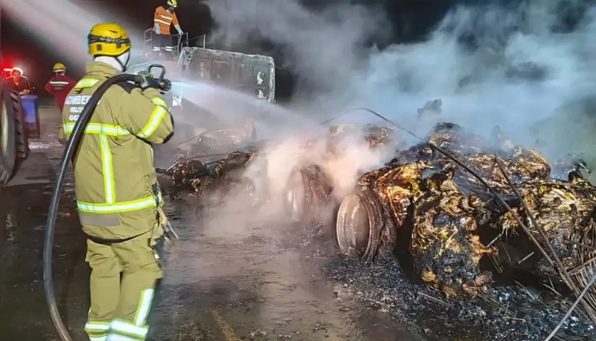 Incêndio em caminhão boiadeiro na GO-112 resulta na morte de 53 bezerros