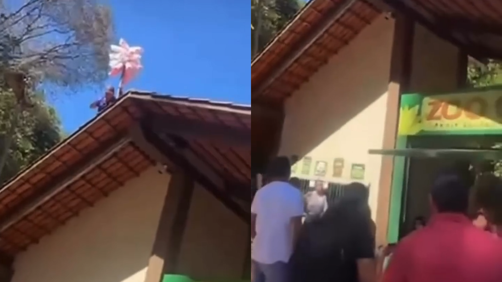 Vendedor realiza protesto no Zoológico de Goiânia em cima do telhado da entrada