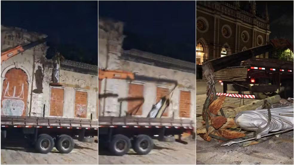Estátua da Sagrada Família quebra após queda de guincho em Fortaleza