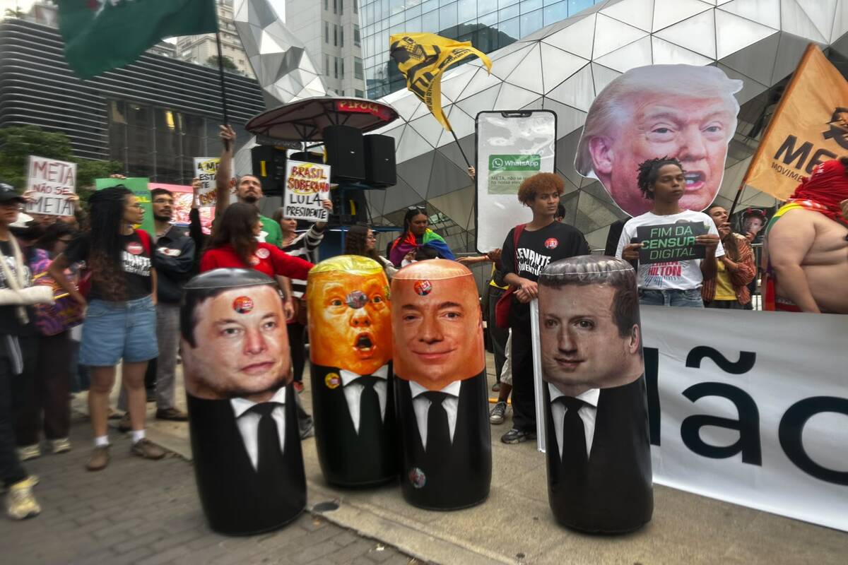 Protesto contra a Meta em São Paulo critica Flávio Bolsonaro e Trump