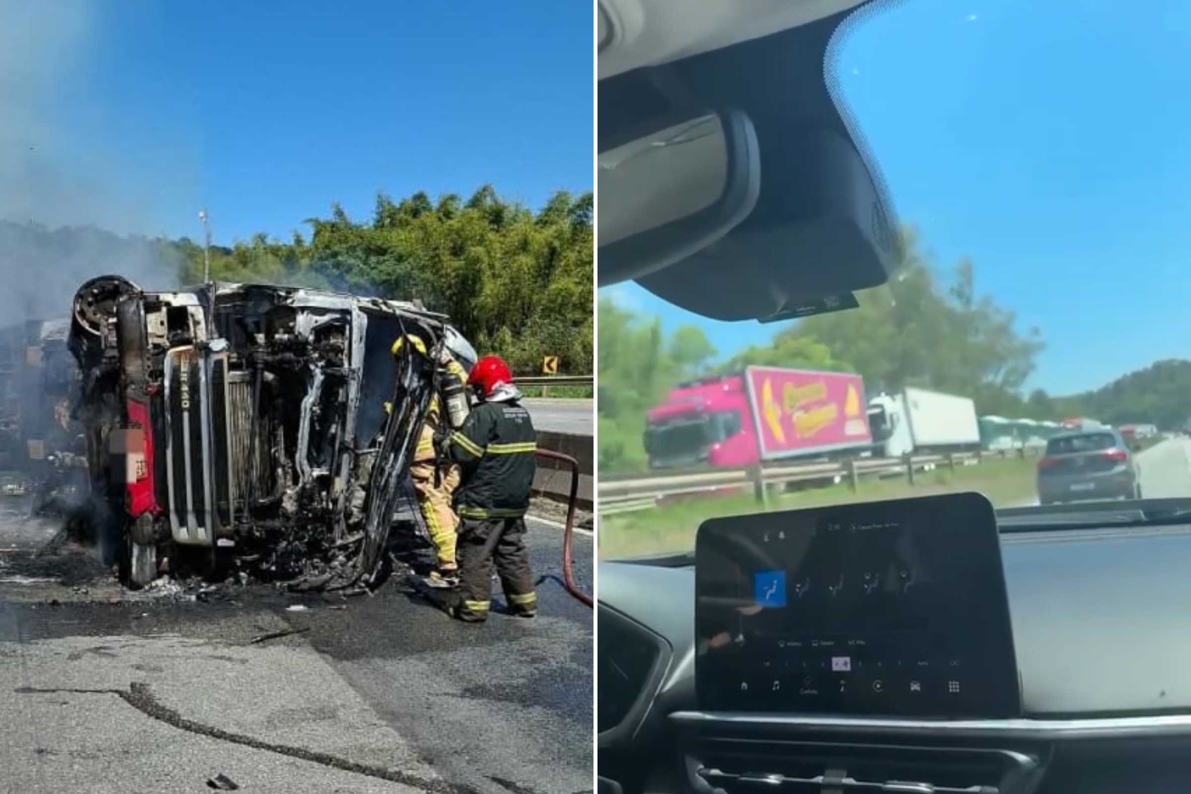 Carreta tomba, pega fogo e motorista morre na rodovia Fernão Dias, em Minas Gerais