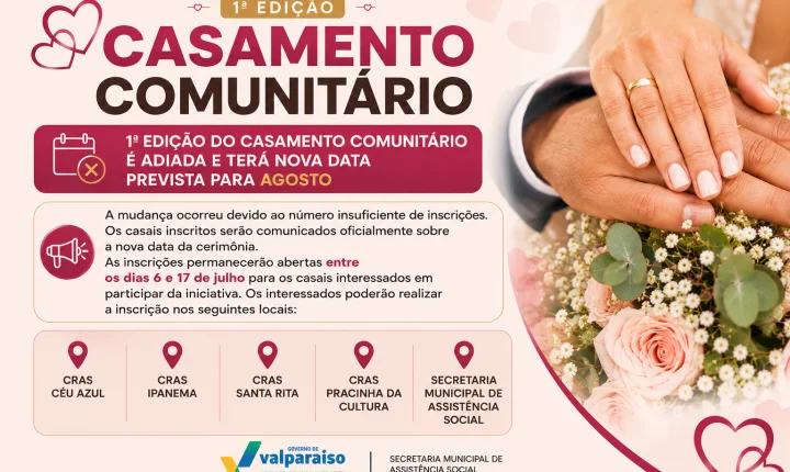 Casamento Comunitário em Valparaíso de Goiás é adiado para agosto devido a número insuficiente de inscrições