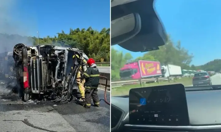 Carreta tomba, pega fogo e motorista morre na rodovia Fernão Dias, em Minas Gerais