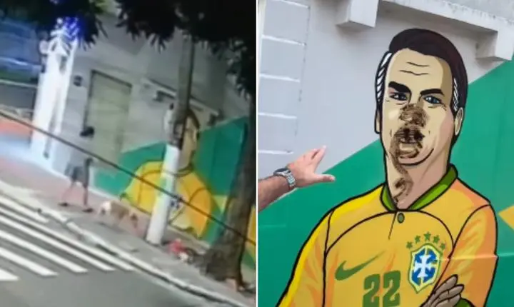 Mulher é flagrada em ato de vandalismo contra pintura de Bolsonaro em Vitória