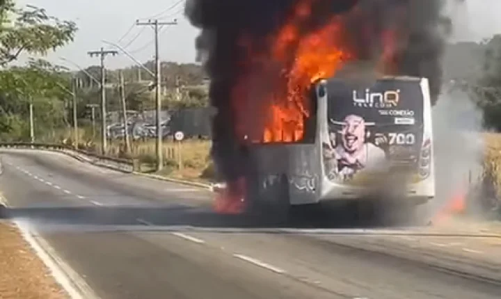 Veículo do transporte coletivo de Goiânia pega fogo no Jardim Novo Mundo