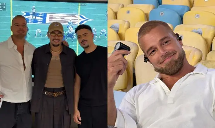 Ricky Martin posa com Neymar e Pedro Sampaio antes do show na NFL