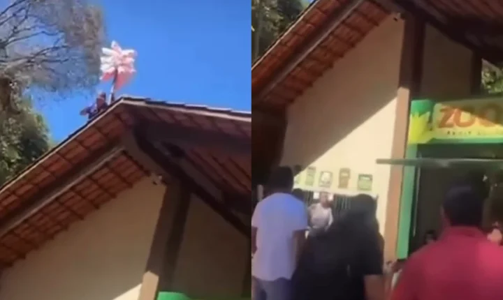 Vendedor realiza protesto no Zoológico de Goiânia em cima do telhado da entrada